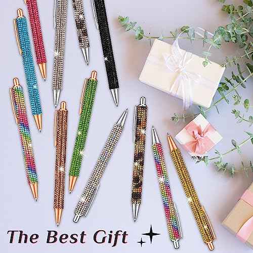Seajan 24 Pcs Rhinestone Diamond Ballpoint Pens Writing Bling Metal Pens for Women Retractable Black Ink Gift Pens with 24 Replacement Refills for Office Birthday 0.7mm, 12 Colors