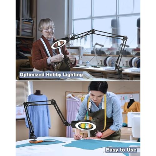 NOEVSBIG Desk Magnifying Glass with Light 10+5X Desktop Lamp Close Work Up for Table Crafting, Reading, Sewing, Panting, Soldering, Ultra Long 3-Section Swing Arm Design for Large Workbench