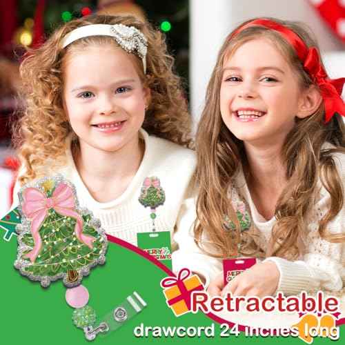 Christmas Tree Badge Reel with Retractable Clip, Cute Pink Bow Holiday Nurse ID Card Badge Holder, Glitter Name Tag Badge Reels for Women Nursing Accessories Student Teacher Gifts