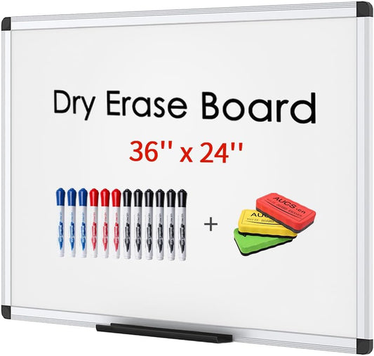 VIZ-PRO Magnetic Dry Erase Board - 36" X 24" Silver Aluminum Frame with 3 Erasers & 12 Markers