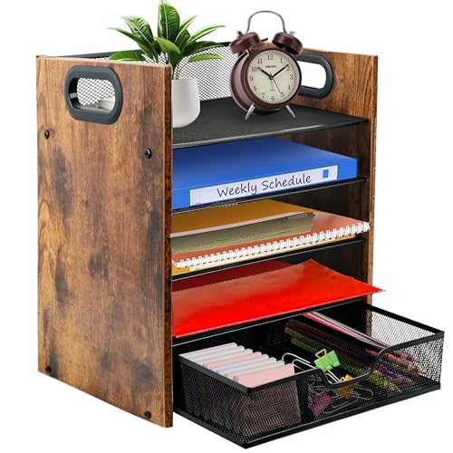 Wood Desk Organizer - 5-Tier Desktop File Organizer with Drawer, Wooden Paper Tray, Office Desk Organzier and Accessories for Papers, Mail, Notebooks, Stationery