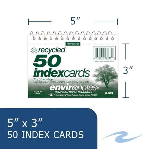 Roaring Spring Wirebound Spiral Bound Recycled Index Cards 3"x5", 100# White Paper, Narrow Ruled, Perforated, Blank on Back, Snag-proof (Pack of 24)