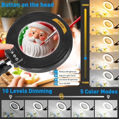 KIRKAS 12X Magnifying Glass with Light Large Clamp, Real Glass Lens Lighted Magnifying Lamp, 3 Section Swing Arm and 5 Color Modes 10 Levels Dimming LED Mgnifier for Reading Craft Hobby Close Work