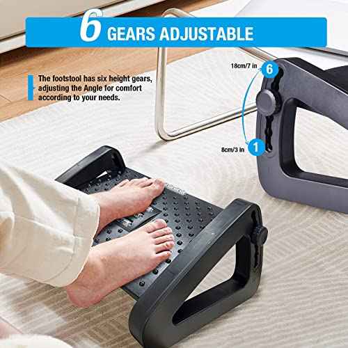 Scalebeard Ergonomic Foot Rest for Under Desk, 6-Heights Adjustable Foot Stool with Removable Cushion and Massage Roller, Office Chair Footrest for Leg Rest