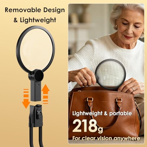 AIXPI 5X Large Rechargeable Hands-Free Magnifying Glass with Light - Black