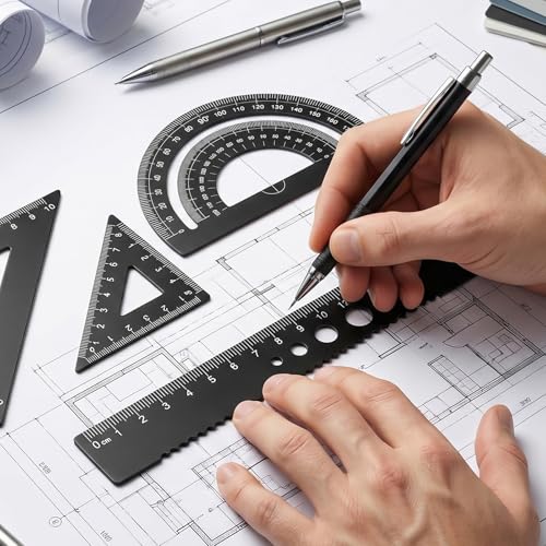 Viliqiou 4-Piece Metal Geometry Ruler Set with Protractor & Storage Box