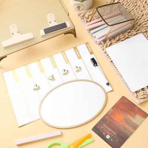 TecUnite Locker Accessories Kit - Magnetic Whiteboard, Shelf, Course Schedule, Mirror, Pen Holder, Dry Erase Pen, Rug, Clips, Light String - 14 Pcs Locker Decorations & Organizer(Gold,Heart Style)
