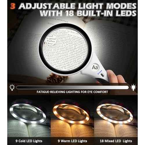 Rechargeable Magnifying Glass with Light - Recant 10X 20X 45X Illuminated Magnifier Handheld Lighted Magnifying Glasses with 18LED Cold & Warm Light 3 Modes for Seniors Reading Close Work