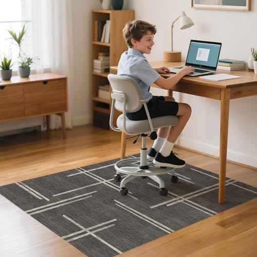 Office Chair Mat for Hardwood & Tile Floor and Carpet, 47" x 35" Desk Chair Mat with Modern Grey Geometric Line Design, Anti-Slip Computer Chair Carpet for Home Office, Study Room, Bedroom