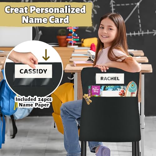 Flickzy 24 Pack Black Chair Pockets for Classroom, 16x19 Inch Seat Organizer with Name Slot