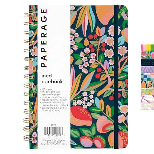 PAPERAGE Lined Spiral Journal Notebook, (Cherry Blossom/Fruit), 160 Pages, Hardcover Journal for Women & Men, Medium 5.5 in x 8 in - 100 GSM, Thick Paper, Spiral Notebook for Work, School & Journaling