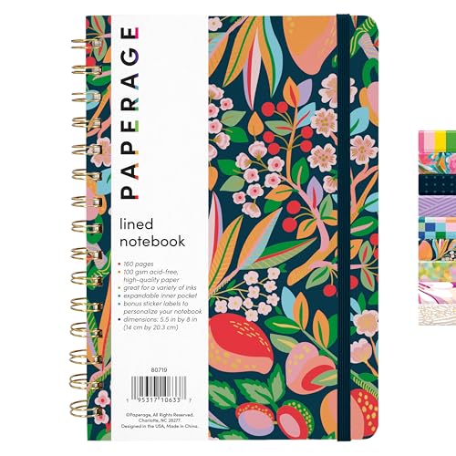 PAPERAGE Cherry Blossom & Fruit Spiral Notebook with 160 Pages - Hardcover Journal for Work & School, Medium 5.5 x 8 in, Thick 100 GSM Paper