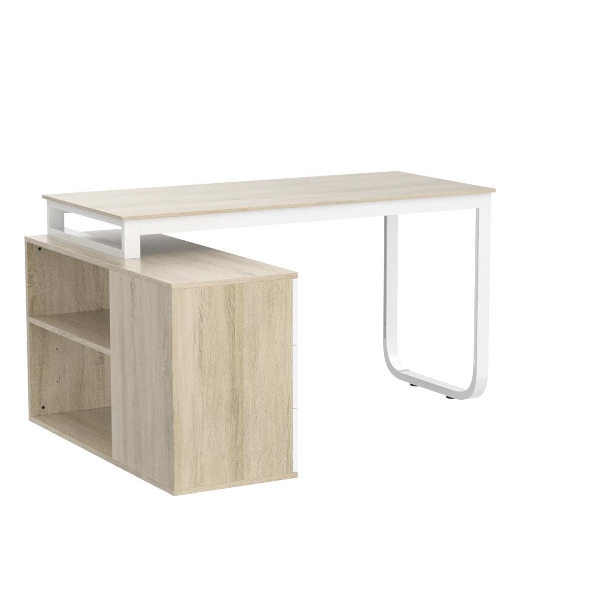 Homsee Home Office Computer Desk Corner Desk with 3 Drawers and 2 Shelves, 54 Inch Large L-Shaped Study Writing Table with Storage Cabinet - Walnut and White