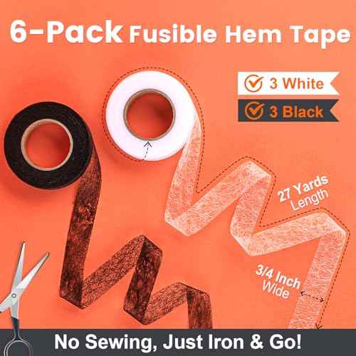 6 Rolls Hemming Tape with Portable Iron ? (3/4 Inch x 27 Yards Each, 3 White & 3 Black), 162 Yards Total Iron-On Hem Tape for Pants, Curtains, Dresses & Crafts