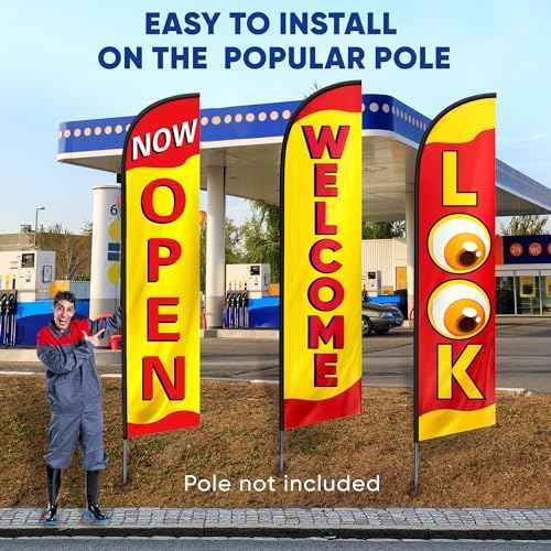 Open Flags for Businesses, Advertising Flags for Outside, Restaurant and House, Look, Welcome, Now Open Banner, Set of Three Feather Flag 12ft x 2.5ft (Pole not included)