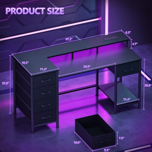 Korfile 47-Inch Reversible Gaming & Office Desk with LED Lights, Power Outlets & Storage Drawers - Carbon Fiber Black