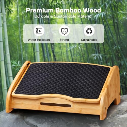 HUANUO Bamboo Under Desk Footrest with 4 Heights and Massage Texture - 16.93 x 11.34 x 6.89 in