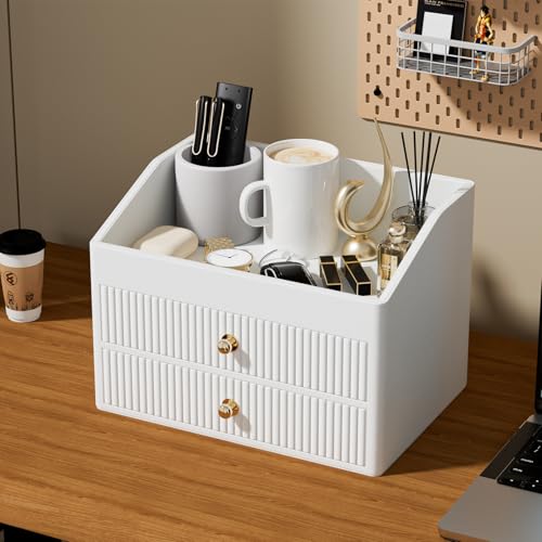 Desk Organizer,Beige White Vegan Leather Desk Accessories & Workspace Organizers with 2 Drawers & Tray,Key Holder with Gold-Tone Metal Accents knob£¬Jewelry Box,Nightstand