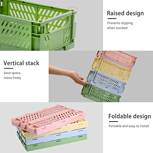 Pastel Plastic Storage Crates Set of 4 - Foldable Colorful Organizer Baskets for Bedroom, Office & Home (Pink, Blue, Green, Yellow, Medium)