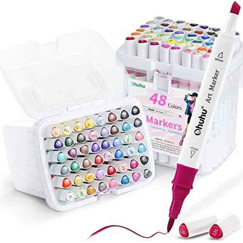 Ohuhu Alcohol Markers Brush Tip: Double Tipped Art Marker Set for Artists Adults Drawing Sketching Illustration - Brush Chisel Color Markers - Pack with 94 Vibrant Colors 2 Marker Cases 2 Blenders
