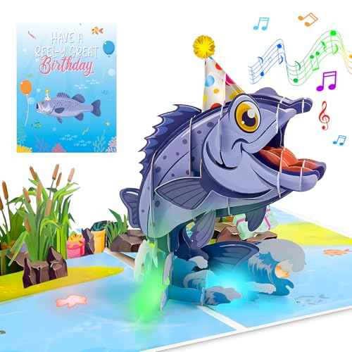 Musical Pop Up Birthday Cards for Him Her, Funny 3D Jumping Fish Singing Happy Birthday Song Greeting Card with Lights, Birthday Gifts for Men Women Kids Fisherman Friends