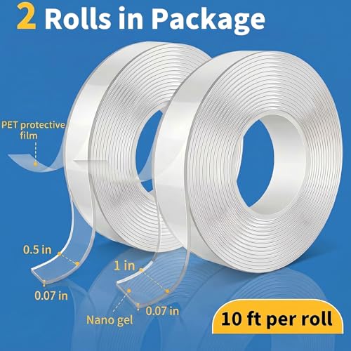 KUSUFEFI Heavy Duty Double Sided Adhesive Tape • 2 Rolls, 20 ft, Clear mounting tape