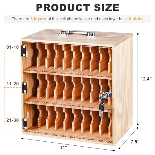 Wood Cell Phone Locker Box Cell Phone Storage Cabinet 30 Slots Cell Phone Lock Box for Office Classroom with Handle