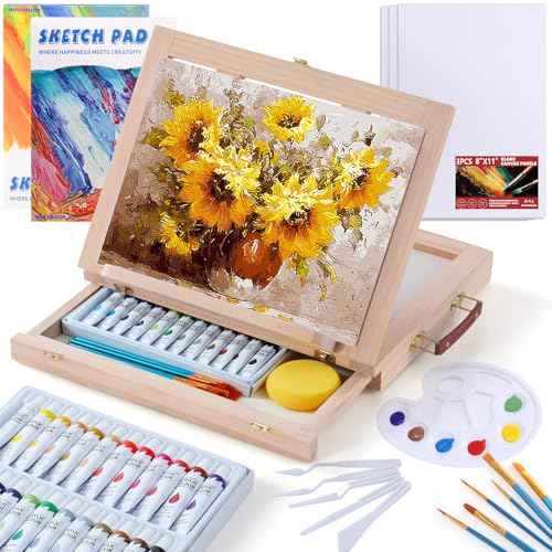 Wooden Tabletop Art Easel for Painting, 54 Pieces Starter Acrylic Paint Set with 24 Colors Acrylic Paints, Canvases, Sketch Pads, Brushes and Palette for Adults Teens Kids Beginners