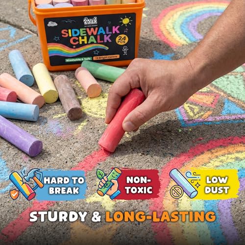 24 Pack Kids Sidewalk Chalk - 13 Bright Colors, Washable & Non-Toxic