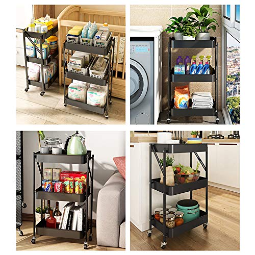 XIWODE 3 Tier Folding Metal Rolling Cart with Wheels,Black Mobile Organizer Service Cart for Kitchen Bathroom Office,No Assembly Need Trolley Shelf