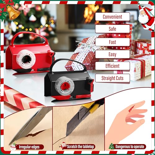 2 Pack Wrapping Paper Cutter & Tape Dispenser, Dual Use Christmas Gift Wrap Cutter Slider Tool with 4 Tapes & 2 Replaceable Blades for Holiday & Birthday Wrapping Paper Roll, Red and Black