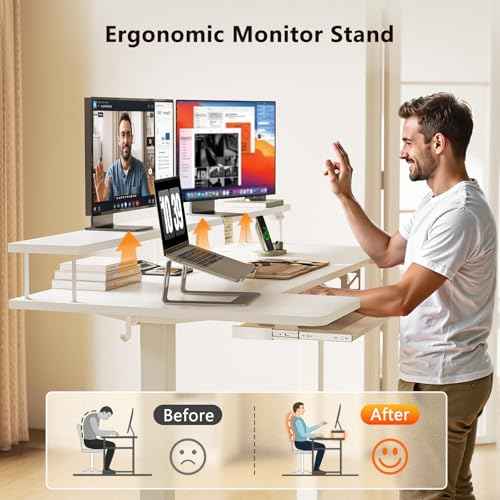OffiGo U Shaped Electric Standing Desk with Keyboard Tray, 55 Inch Height Adjustable Desk with Power Outlets & LED Lights, Sit Stand Table with Monitor Stand for Home, Office, White