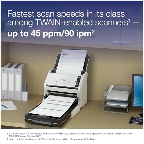 Epson DS-530X Color Duplex Desktop Document Scanner with 45ppm, 100-Page ADF, USB, Twain & ISIS Drivers