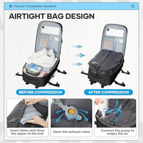 Vacuum Backpack Travel with Pump for Women Men Large Carry on Backpack Flight Approved Personal item Travel Bag with Vacuum System Black
