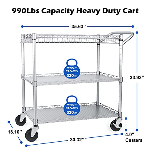 WDT 990Lbs Heavy-Duty Rolling Utility Cart 3-Tier, NSF Steel Kitchen Cart with Handle, 4 Quiet Casters, Gray (Variation: Gray-3 Tier)