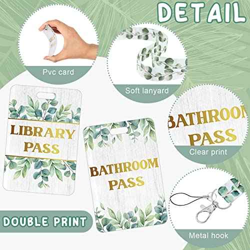 Teling 8 Sets Hall Pass Lanyards and School Passes Set Unbreakable PVC Passes for School Classroom Hall Restroom Bathroom Library Office Nurse Teacher Supplies(Eucalyptus Style)