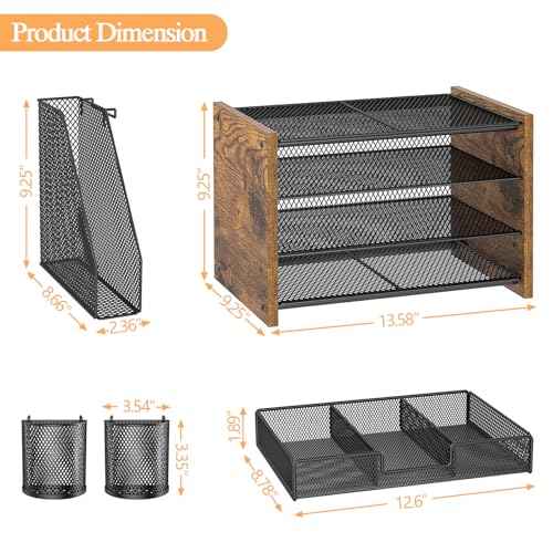Wooden Desk Organizers and Accessories with File Holder, 4-Tier Paper File Organizer with Drawer & 2 Pen Holders, Office Desk Accessories, Desktop Organizer and Storage for Home Office