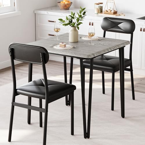 IDEALHOUSE 4-Piece Dining Table Set with Upholstered Chairs, Grey (Table + 2 Chairs)