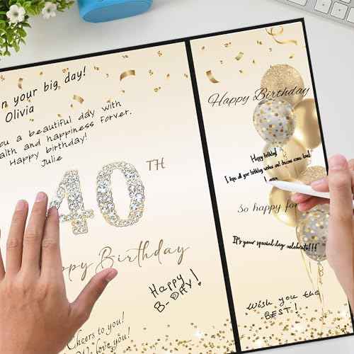 DARUNAXY Black Gold 40th Birthday Party Decorations, Happy 40th Birthday Alternative Signature Guest Book for Men Women 40 Years Old Table Sign Picture Frame Gift 40 Birthday Card Board Party Supplies