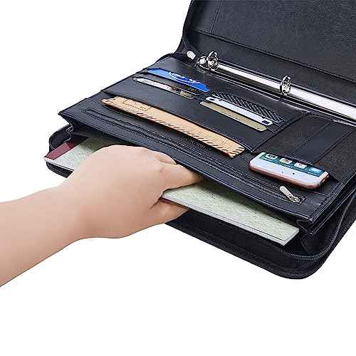 IVESIGN Zippered Padfolio Binder, Faux Leather Organizer with 3-Ring Binder, Left-Handed Design, Business Card Slots & Document Folders - Professional Padfolio for Office (Black)