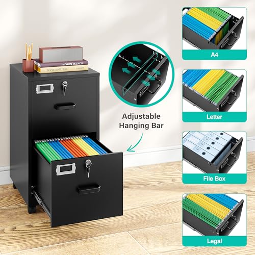 SISESOL Black 2-Drawer Mobile File Cabinet with Lock, Under Desk Office Storage