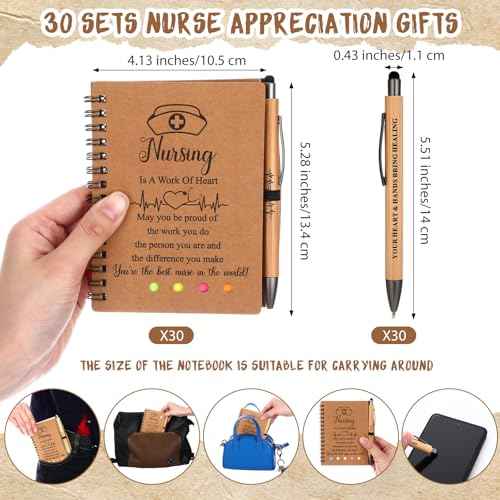 Nurse Appreciation Gifts Bulk Christmas Gift Nurse Week Gifts Thank You Notebooks and Bamboo Pens Inspirational Spiral Notebook with Sticky Note for Medical Assistant Coworkers(30 Sets)