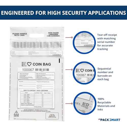 Clear Plastic Coin Bag 12.5" x 21.5" | 50 lb. Capacity | Sequential Barcode Number, Self-Sealing, Permanent Adhesive, Ideal for Handling and Transport of Coins and Casino Chips | 50-Pack