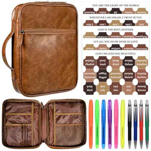 Leather Bible Cover for Men Large Bible Carrying Case with Handle Pockets Bible Book Cover with Highlighters Tabs For Church Prayer Meetings Study Supplies Accessories