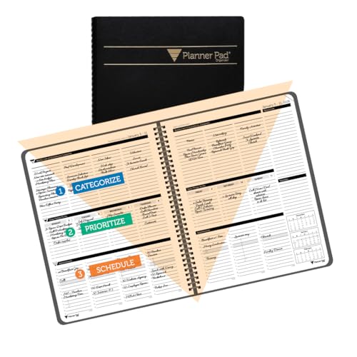 Planner Pad Spiral Bound January-December 2026/ Calendar Year 8 1/2" x 11" Large 3-Tier Funnel Down 12 Month Organizer, Black Cover/Black Ink