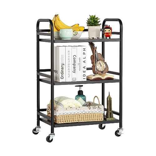 HDANI 3 Tier Rolling Cart Shelves,Heavy Duty Multifunctional Metal Frame-Supports 22 Lbs Per Tier,Rolling Cart with 2 Lockable Wheels for Home,Office,Kitchen,Bathroom,Bedroom,Black