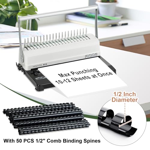 HOUYEE Manual Comb Binding Machine,19 Holes, 450 Sheets,Paper Punch Comb Binder Machine with 50 PCS 1/2" Comb Binding Spines, Fit for Letter Size Paper