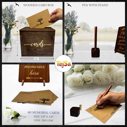 TEJSA Wooden Funeral Guest Book ? Memorial Sign-in Book for Funerals & Celebration of Life ? Guest Book for Memorial Service ? Includes Keepsake Box, Cards, Pen & Sign ? Premium Funeral Memory Book