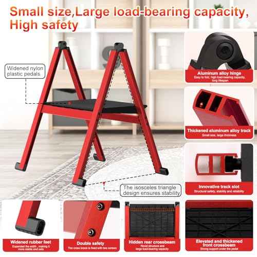 Folding Step Stool,Aluminum Ultra Thin Stool,400 Lbs Capacity Heavy Duty with Anti-Slip Sturdy and Wide Pedal,Closet Step Ladder for Home,Kitchen,Office and Dorm Bed (Red)