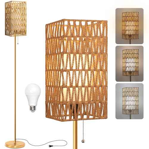 Floor Lamp for Living Room,Farmhouse Rattan Floor lamp,Modern Standing lamp with Hand-Worked Rattan Shade,Gold Tall Lamp with Chain Switch (Square Shade)